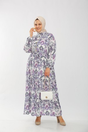 Büyük Beden Pamuk Viskon Düğme Detaylı Elbise  Mor Şal Desen