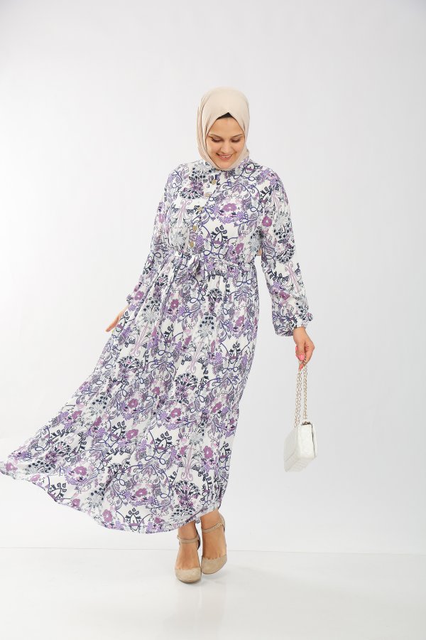 Büyük Beden Pamuk Viskon Düğme Detaylı Elbise  Mor Şal Desen