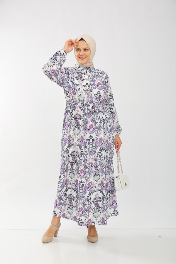 Büyük Beden Pamuk Viskon Düğme Detaylı Elbise  Mor Şal Desen