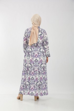 Büyük Beden Pamuk Viskon Düğme Detaylı Elbise  Mor Şal Desen