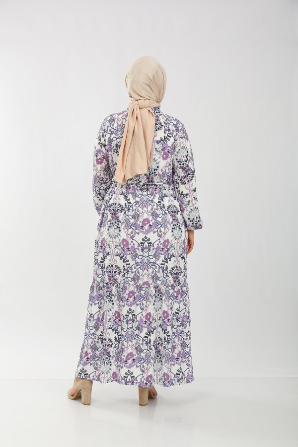 Büyük Beden Pamuk Viskon Düğme Detaylı Elbise  Mor Şal Desen