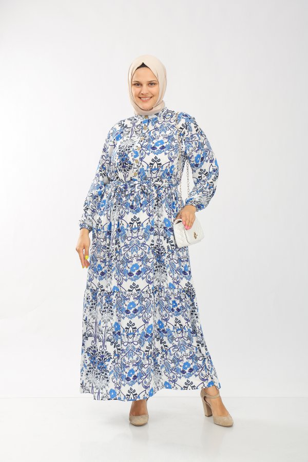 Büyük Beden Pamuk Viskon Düğme Detaylı Elbise Mavi Şal Desen Büyük Beden Pamuk Viskon Düğme Detaylı Elbise Mavi Şal Desen