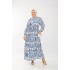 Büyük Beden Pamuk Viskon Düğme Detaylı Elbise  Mavi Şal Desen