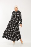 Büyük Beden Pamuk Viskon Düğme Detaylı Elbise  Siyah Puanlı