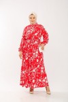 Büyük Beden Pamuk Viskon Düğme Detaylı Elbise  Kırmızı Çınar