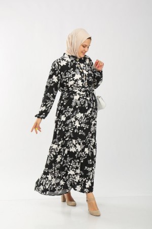 Büyük Beden Pamuk Viskon Düğme Detaylı Elbise  Siyah Çınar