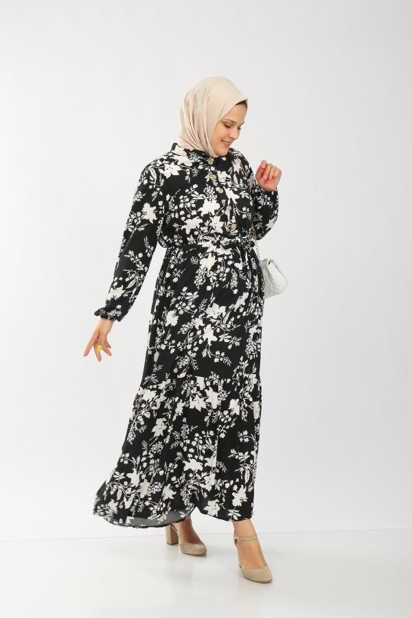 Büyük Beden Pamuk Viskon Düğme Detaylı Elbise  Siyah Çınar