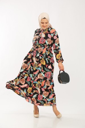 Büyük Beden Pamuk Viskon Düğme Detaylı Elbise  Siyah Sarı Palmiye