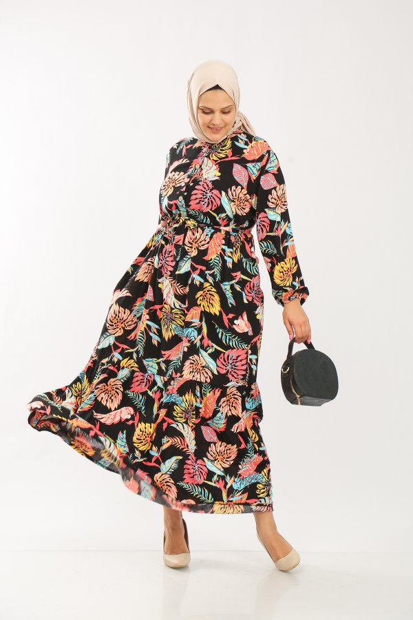 Büyük Beden Pamuk Viskon Düğme Detaylı Elbise Siyah Sarı Palmiye Büyük Beden Pamuk Viskon Düğme Detaylı Elbise Siyah Sarı Palmiye