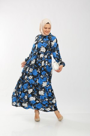 Büyük Beden Pamuk Viskon Düğme Detaylı Elbise  Siyah Mavi Menekşe