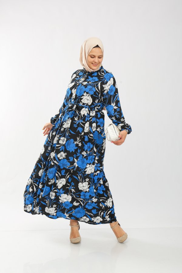 Büyük Beden Pamuk Viskon Düğme Detaylı Elbise  Siyah Mavi Menekşe