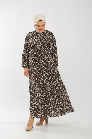 Büyük Beden Pamuk Viskon Düğme Detaylı Elbise  Siyah Papatya