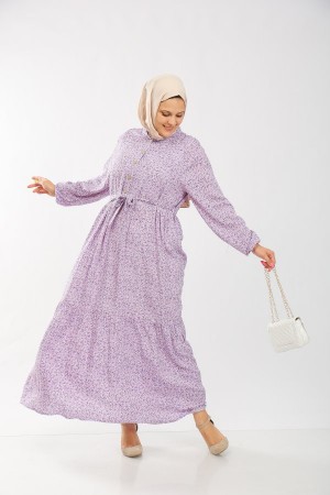 Büyük Beden Pamuk Viskon Düğme Detaylı Elbise  Lila Çıtır Desen