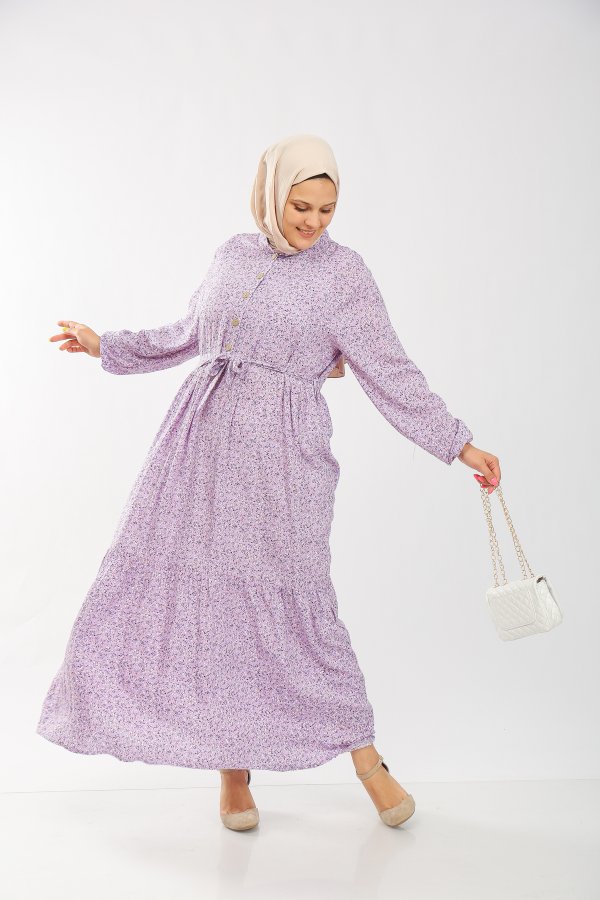 Büyük Beden Pamuk Viskon Düğme Detaylı Elbise Lila Çıtır Desen Büyük Beden Pamuk Viskon Düğme Detaylı Elbise Lila Çıtır Desen