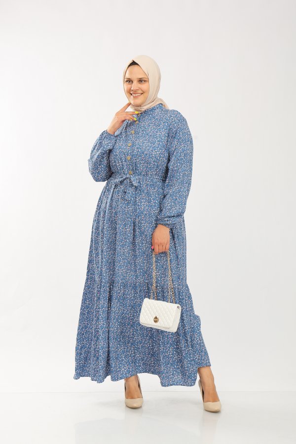 Büyük Beden Pamuk Viskon Düğme Detaylı Elbise  Mavi Çıtır Desen