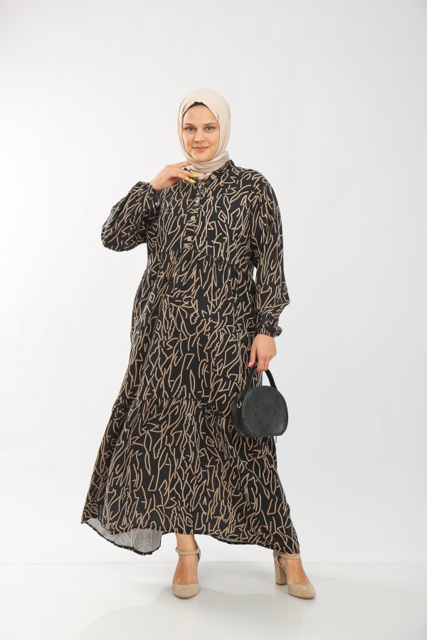 Büyük Beden Pamuk Viskon Düğme Detaylı Elbise  Siyah Vizon Geometrik