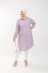 Büyük Beden Gizli Düğmeli Pamuk Viskon Tunik  Lila Çıtır Desen