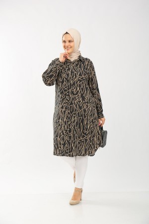 Büyük Beden Gizli Düğmeli Pamuk Viskon Tunik  Siyah Vizon Geometrik