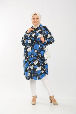 Büyük Beden Gizli Düğmeli Pamuk Viskon Tunik  Siyah Mavi Menekşe