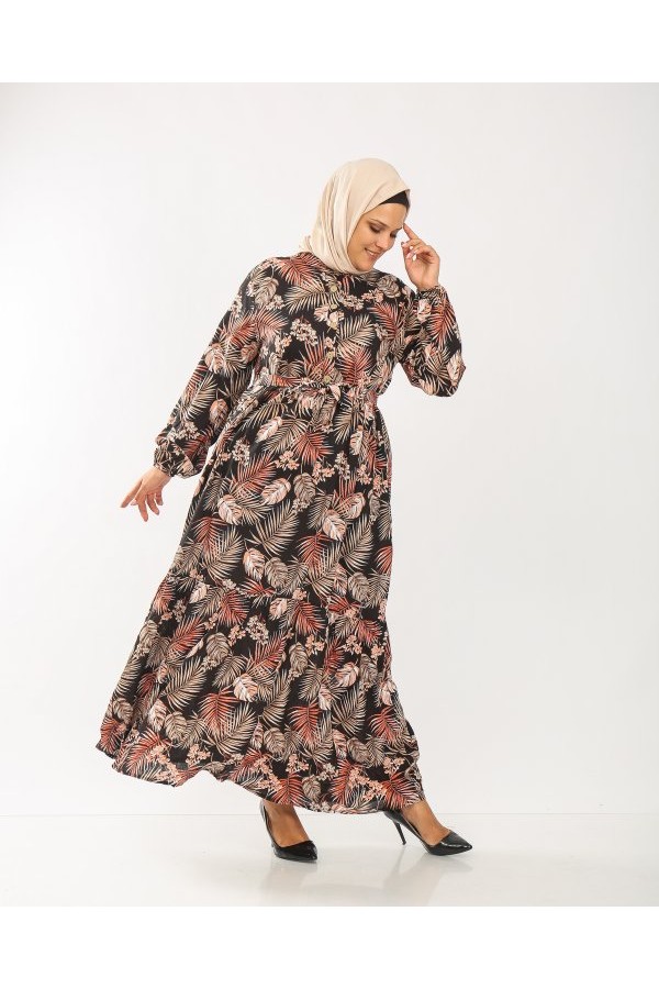 Büyük Beden Pamuk Viskon Düğme Detaylı Elbise  Kiremit Palmiye
