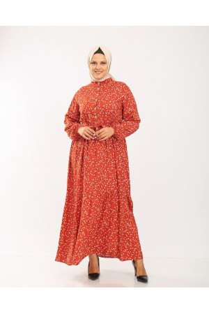 Büyük Beden Pamuk Viskon Düğme Detaylı Elbise  Kiremit Çıtır