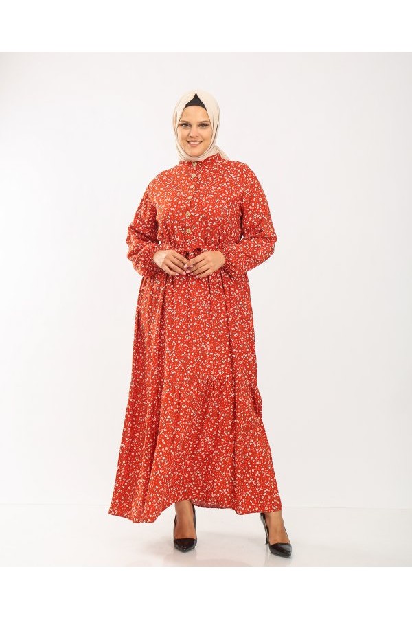 Büyük Beden Pamuk Viskon Düğme Detaylı Elbise  Kiremit Çıtır
