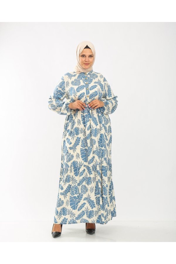 Büyük Beden Pamuk Viskon Düğme Detaylı Elbise  Ekru Mavi Yaprak