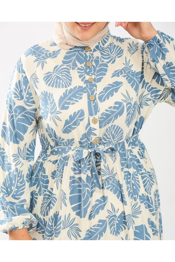 Büyük Beden Pamuk Viskon Düğme Detaylı Elbise  Ekru Mavi Yaprak