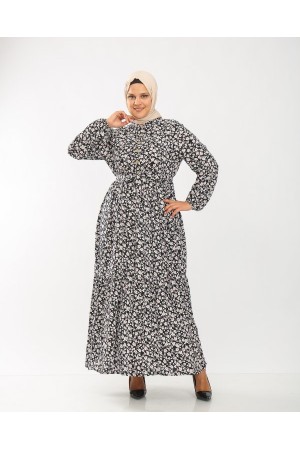 Büyük Beden Pamuk Viskon Düğme Detaylı Elbise  Siyah Küçük Çiçek