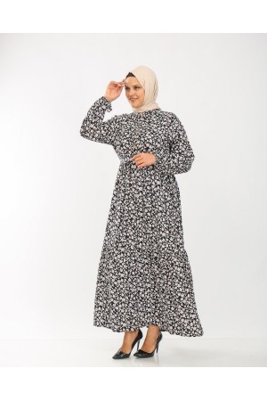 Büyük Beden Pamuk Viskon Düğme Detaylı Elbise  Siyah Küçük Çiçek
