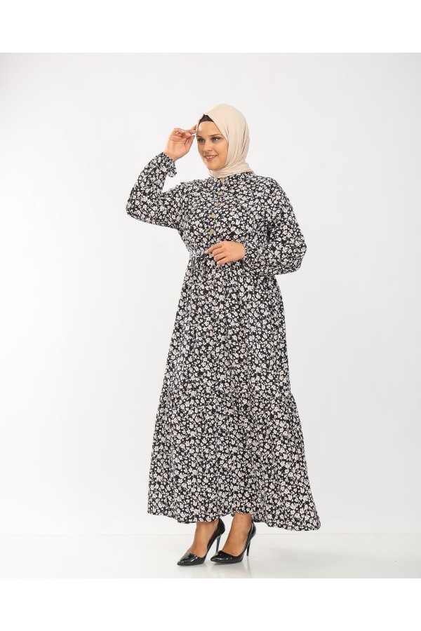 Büyük Beden Pamuk Viskon Düğme Detaylı Elbise  Siyah Küçük Çiçek