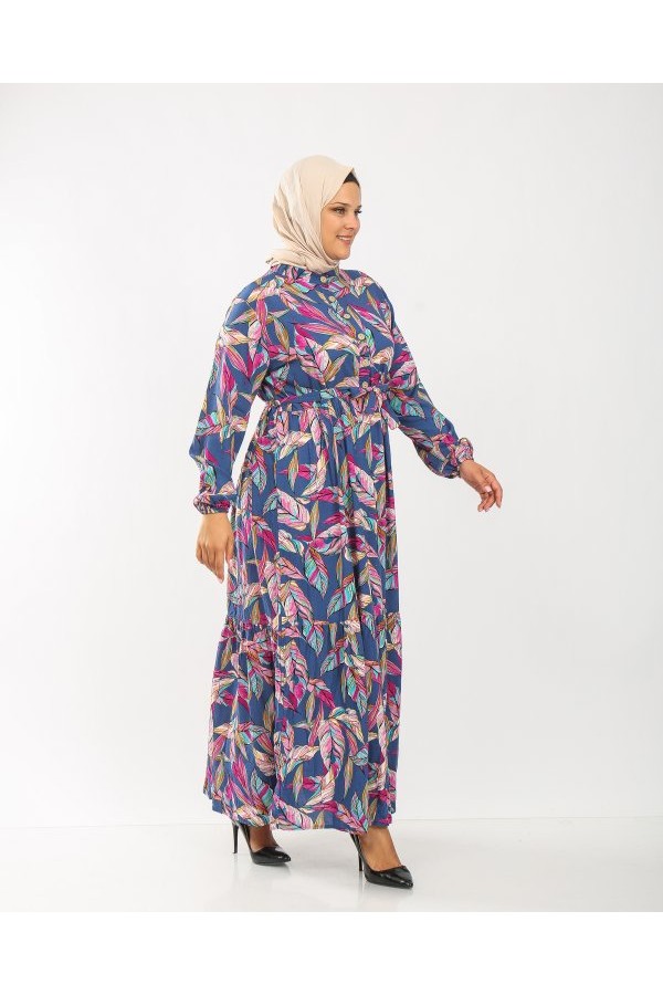 Büyük Beden Pamuk Viskon Düğme Detaylı Elbise Mavi Fuşya Yaprak Büyük Beden Pamuk Viskon Düğme Detaylı Elbise Mavi Fuşya Yaprak