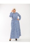Büyük Beden Pamuk Viskon Düğme Detaylı Elbise  Mavi Beyaz Çiçek