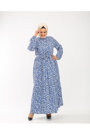 Büyük Beden Pamuk Viskon Düğme Detaylı Elbise  Mavi Beyaz Çiçek