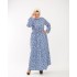 Büyük Beden Pamuk Viskon Düğme Detaylı Elbise  Mavi Beyaz Çiçek