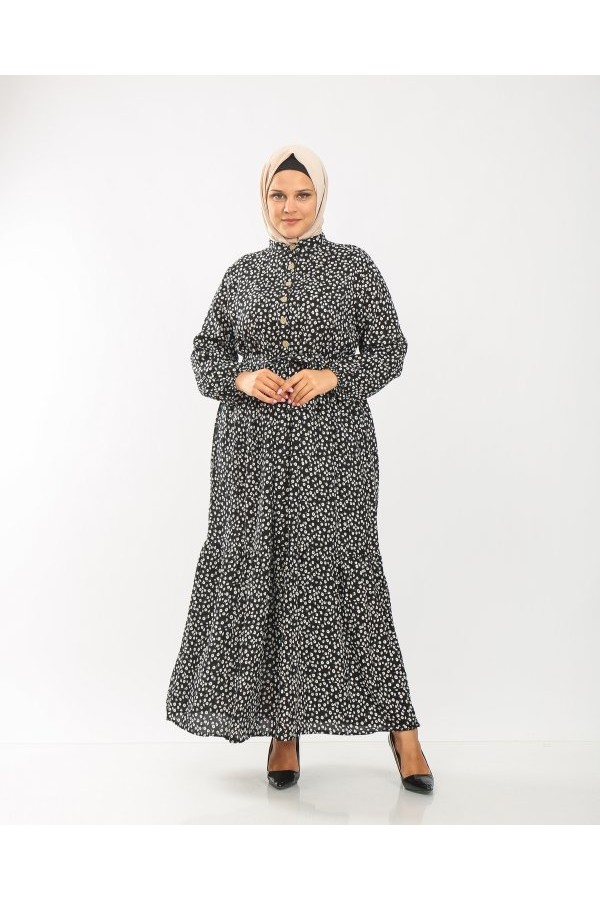 Büyük Beden Pamuk Viskon Düğme Detaylı Elbise  Siyah Minik Papatya