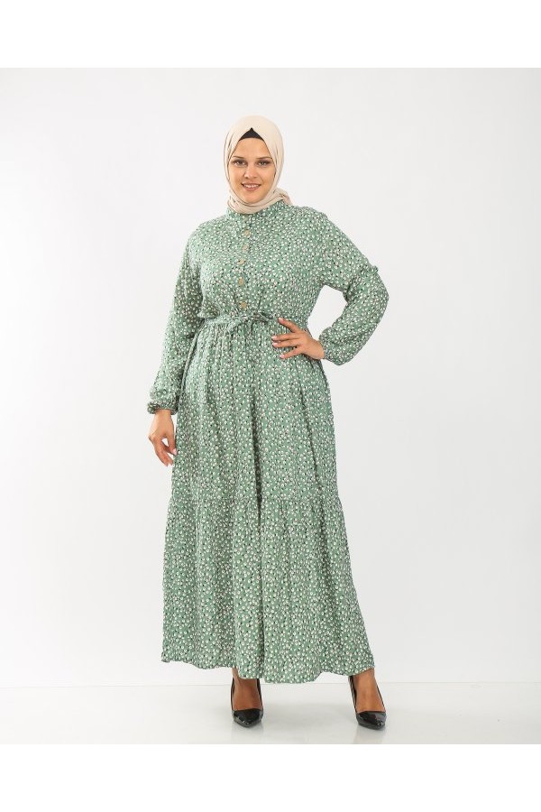 Büyük Beden Pamuk Viskon Düğme Detaylı Elbise  Yeşil Papatya