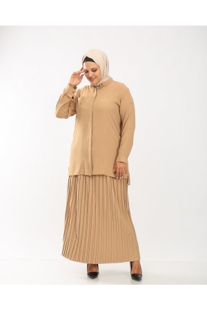 Büyük Beden Gizli Düğmeli Pilise Etekli İkili Takım  Bej
