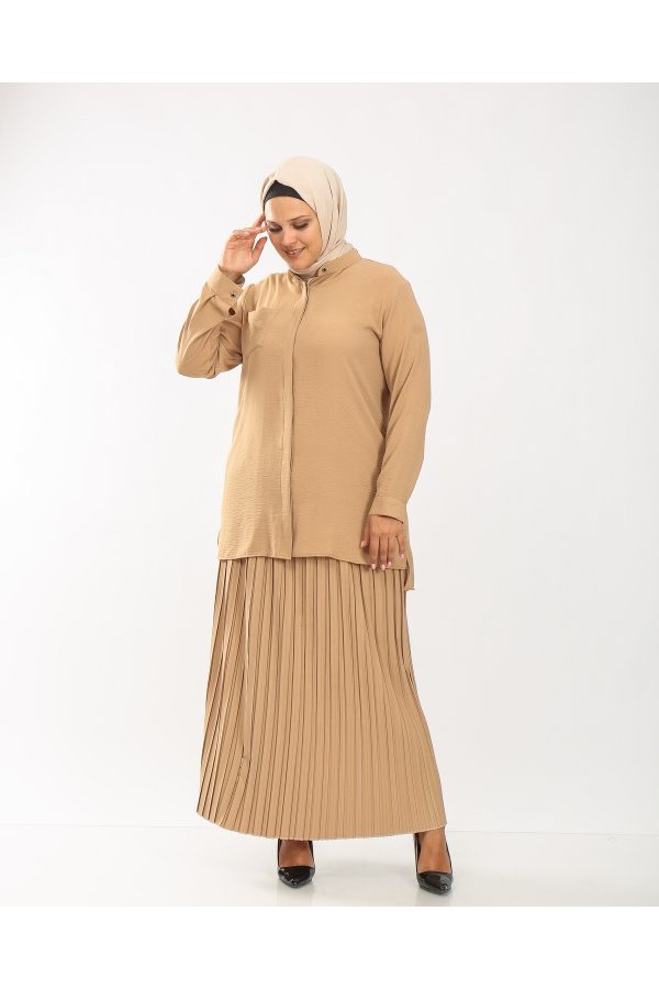 Büyük Beden Gizli Düğmeli Pilise Etekli İkili Takım  Bej
