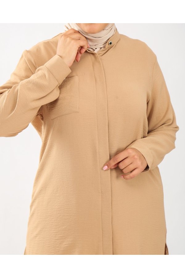 Büyük Beden Gizli Düğmeli Pilise Etekli İkili Takım  Bej