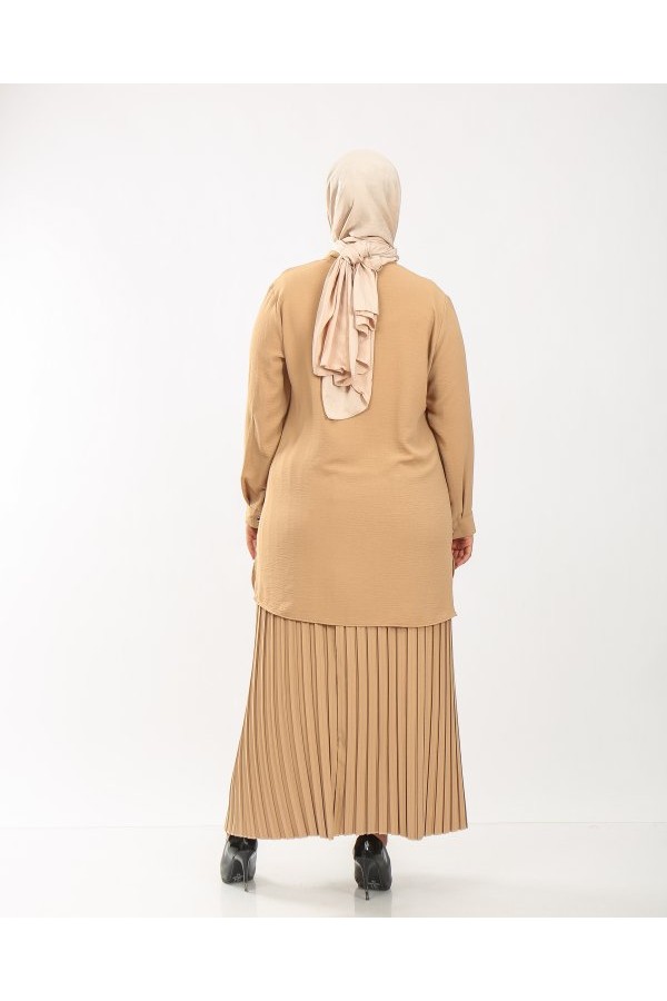 Büyük Beden Gizli Düğmeli Pilise Etekli İkili Takım  Bej