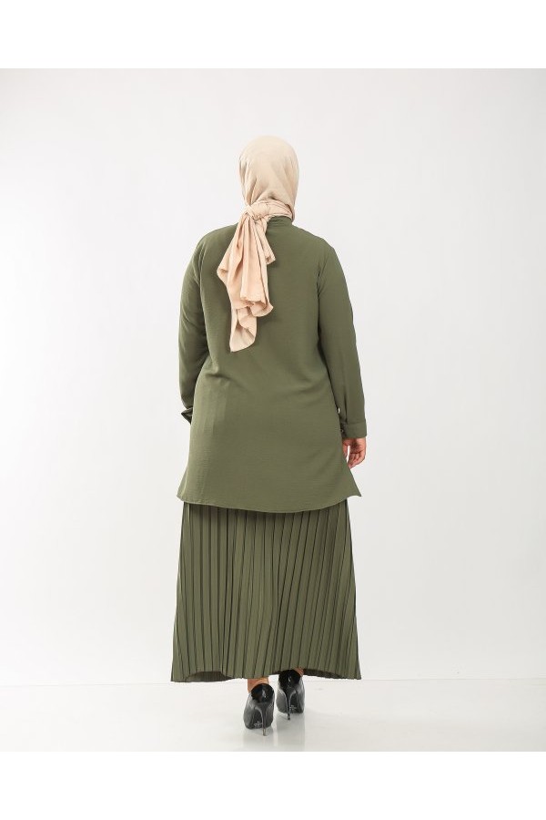 Büyük Beden Gizli Düğmeli Pilise Etekli İkili Takım Haki Büyük Beden Gizli Düğmeli Pilise Etekli İkili Takım Haki