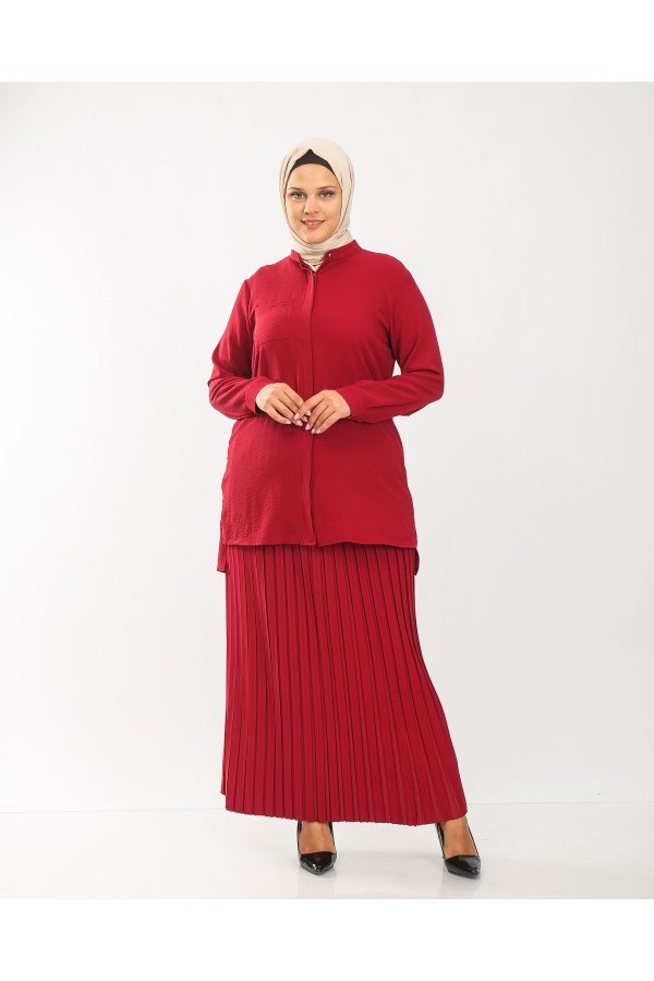 Büyük Beden Gizli Düğmeli Pilise Etekli İkili Takım Bordo Büyük Beden Gizli Düğmeli Pilise Etekli İkili Takım Bordo