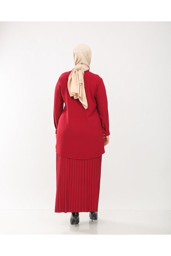 Büyük Beden Gizli Düğmeli Pilise Etekli İkili Takım Bordo Büyük Beden Gizli Düğmeli Pilise Etekli İkili Takım Bordo