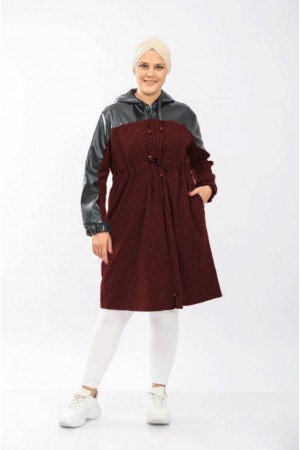 Büyük Beden Derili Jakar Kaşe Fermuarlı Kap  Bordo