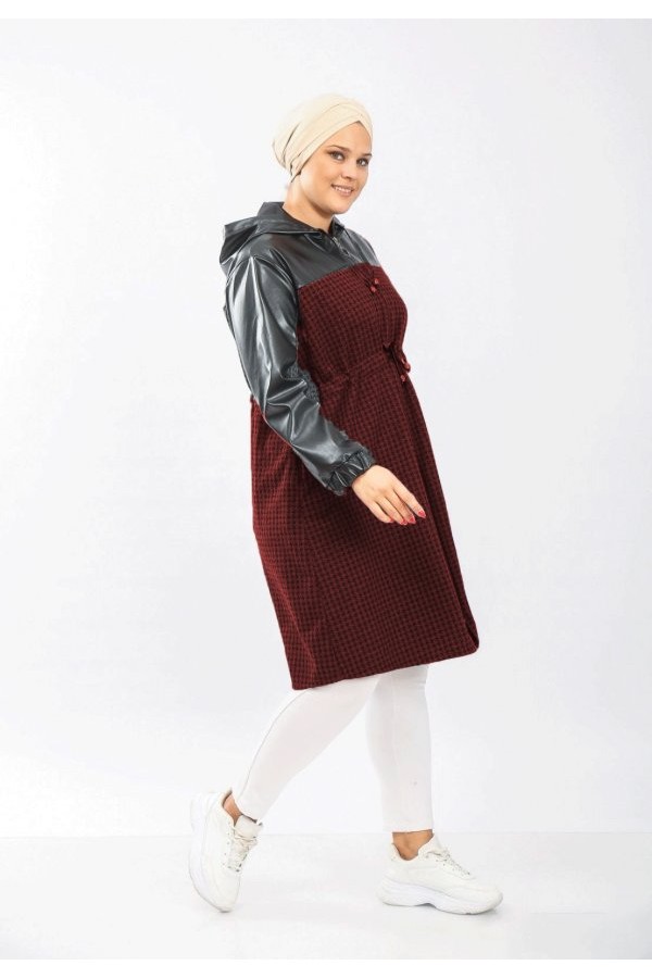 Büyük Beden Derili Jakar Kaşe Fermuarlı Kap  Bordo