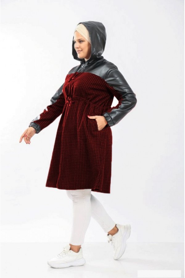 Büyük Beden Derili Jakar Kaşe Fermuarlı Kap  Bordo