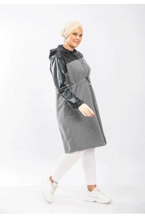 Büyük Beden Derili Jakar Kaşe Fermuarlı Kap  Siyah Beyaz