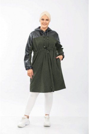 Büyük Beden Derili Jakar Kaşe Fermuarlı Kap  Haki