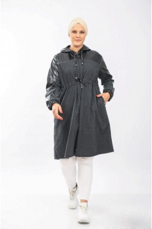 Büyük Beden Derili Jakar Kaşe Fermuarlı Kap  Siyah